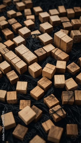 Wooden blocks connected by black threads represent a complex social network.