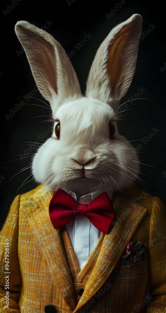 Obraz premium A whimsical rabbit dressed in a stylish suit and bow tie, combining elegance with a playful touch in a unique portrait.