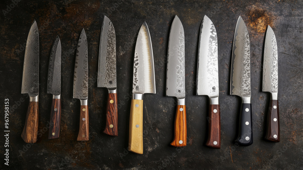 A collection of high-quality knives for cooking. A collection of high-quality knives for cooking.