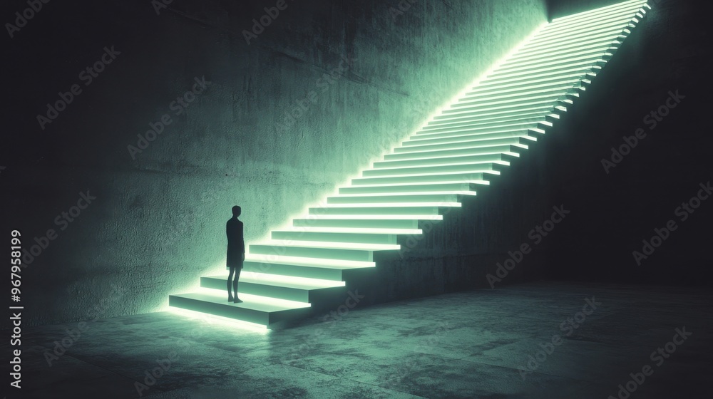 A lone figure standing at the base of a staircase made of glowing, ascending platforms, the journey of leadership development through progressive stages A lone figure standing at the base of a staircase made of glowing, ascending platforms, the journey of leadership development through progressive stages