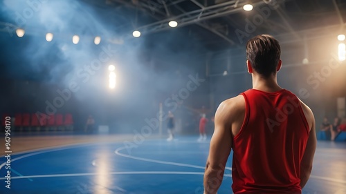 Back view of male athlete standing in basketball court looking at the hoop photo