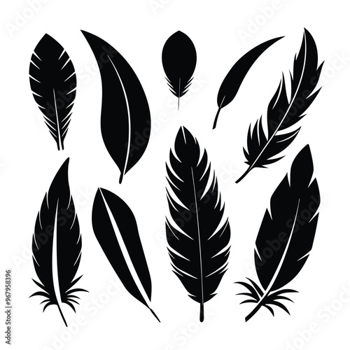 Versatile feather silhouette vector set, ideal for patterns, logos, and decorative designs.