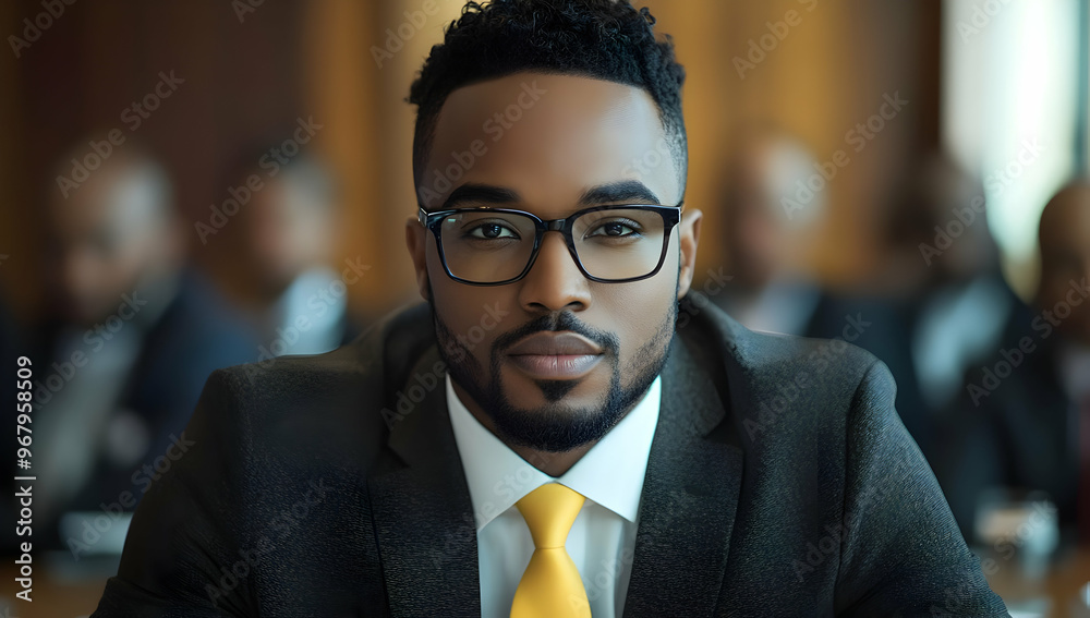 Fototapeta premium A confident man in a suit and glasses, showcasing professionalism and focus in a corporate environment.