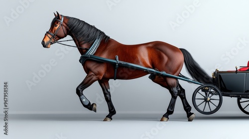 A strong horse pulling a carriage in an elegant trot, showcasing grace and power in motion against a neutral backdrop. photo