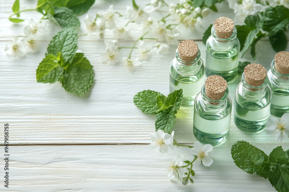 Aromatic Herbal Essential Oil Bottles with Fresh Mint and Blossoms Aromatic Herbal Essential Oil Bottles with Fresh Mint and Blossoms