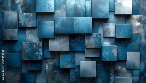 An abstract blue wall featuring various textured blocks, creating a modern and artistic backdrop for diverse design projects. photo