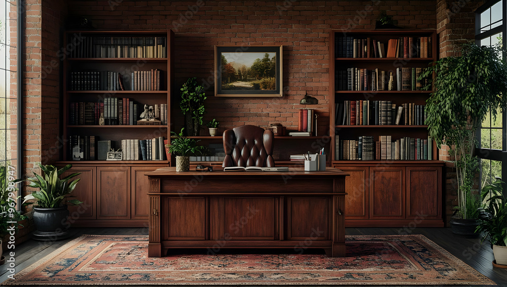 Fototapeta premium An elegant wooden office with bookshelves, a classic desk, and decorative plants, exuding a warm and inviting atmosphere.