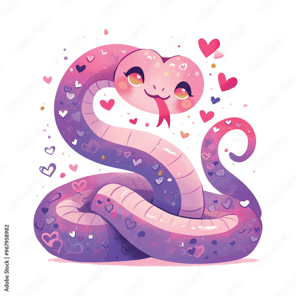 A cute snake with a pink and purple body and a pink tongue. The snake is surrounded by hearts, which suggests that it is a symbol of love or affection A cute snake with a pink and purple body and a pink tongue. The snake is surrounded by hearts, which suggests that it is a symbol of love or affection