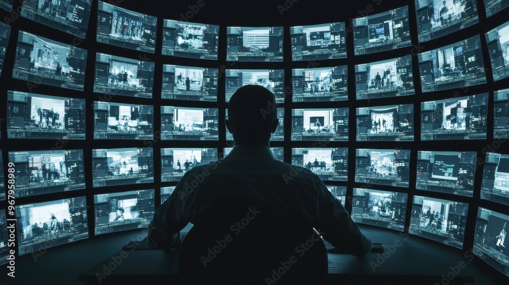 A manager surrounded by computer screens displaying the actions of every employee, watching intently