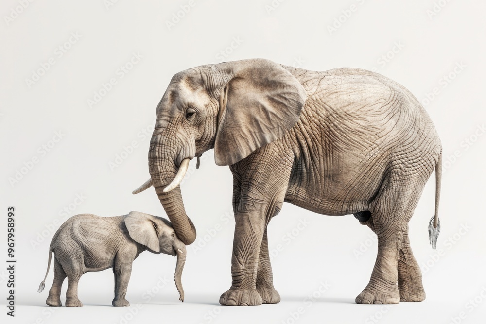 Fototapeta premium A young elephant stands beside its mother or another adult elephant, showcasing their bond