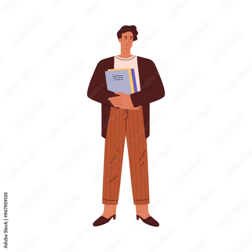 Vector illustration with a office worker holding a folder of documents on a white background Vector illustration with a office worker holding a folder of documents on a white background