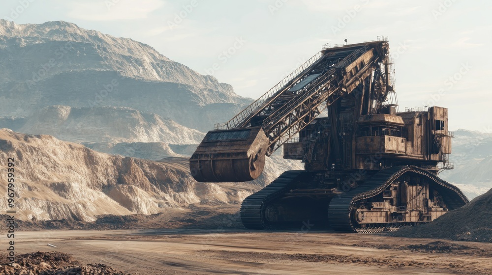 Massive Excavator in a Mining Quarry with Mountainous Background Massive Excavator in a Mining Quarry with Mountainous Background