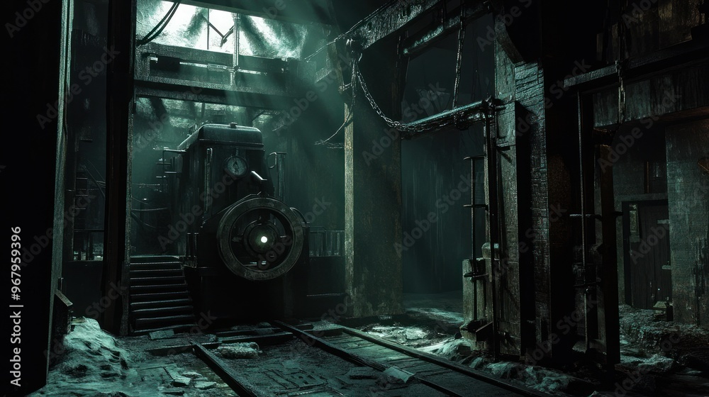 Abandoned Industrial Engine in a Dark and Dusty Warehouse Abandoned Industrial Engine in a Dark and Dusty Warehouse