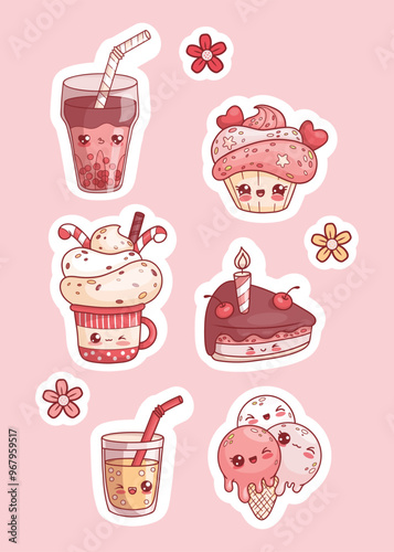 Holiday food and drink stickers set. Isolated kawaii cartoon character. Festive piece chocolate cake, cream cupcake, ice cream, cup with dessert, glass bubble tea and lemonade. Vector illustration