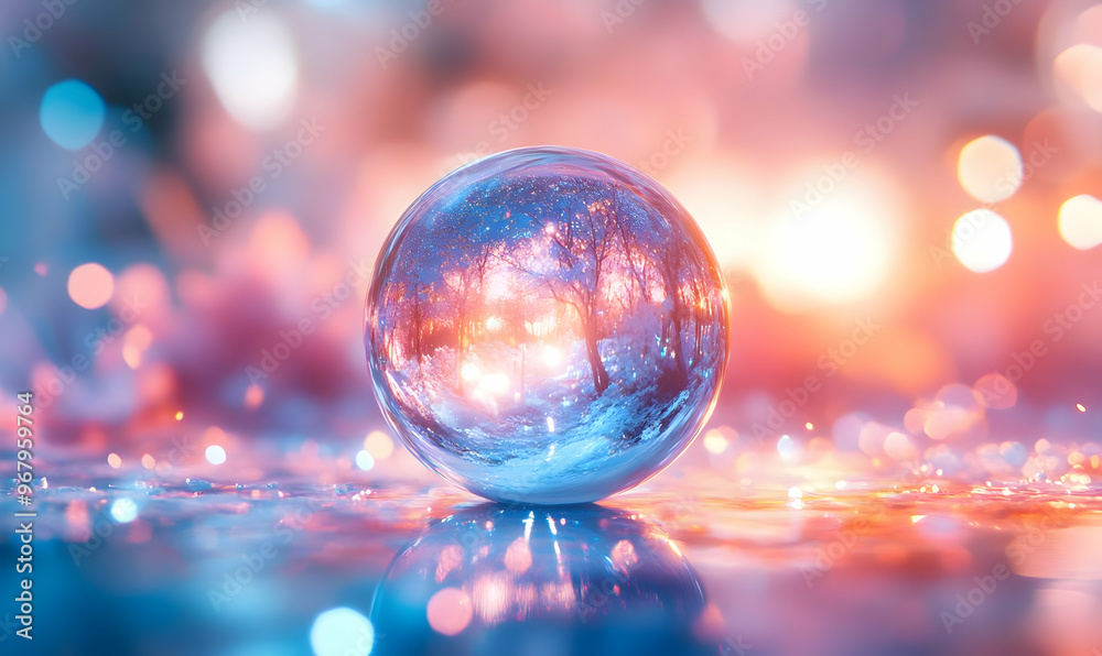 A serene crystal ball resting on a reflective surface, surrounded by colorful bokeh lights, creating a dreamy atmosphere. A serene crystal ball resting on a reflective surface, surrounded by colorful bokeh lights, creating a dreamy atmosphere.