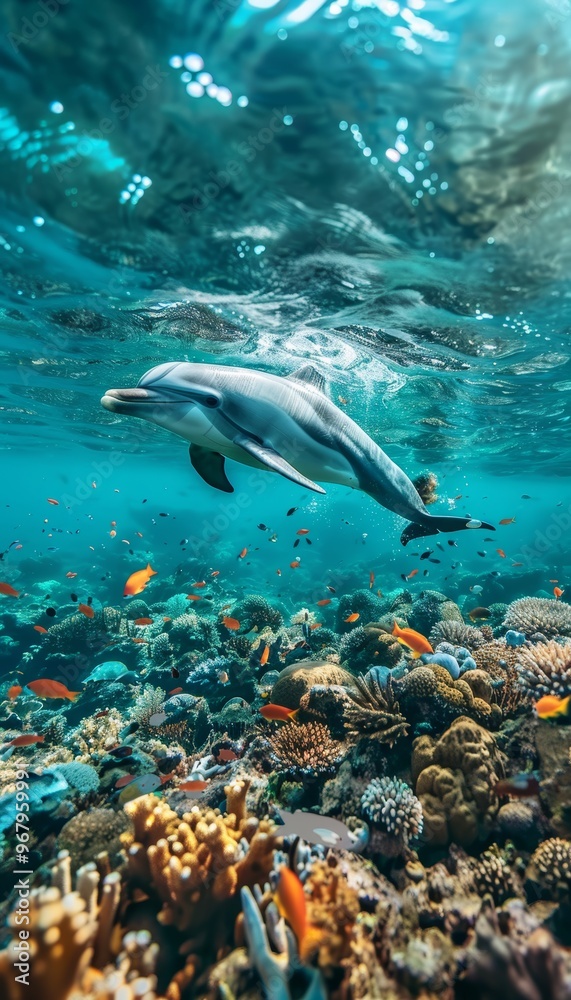 Obraz premium A dolphin swims in crystal clear coral reef waters, highlighting the need for ocean conservation.