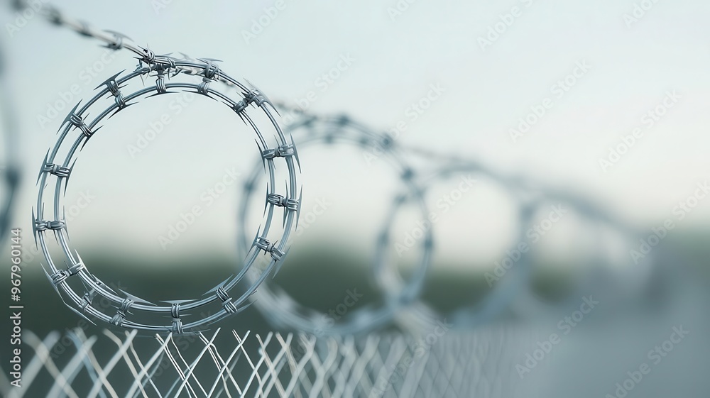 Abstract image of barbed wire spiraling around a prison fence, Prison security, confinement symbol Abstract image of barbed wire spiraling around a prison fence, Prison security, confinement symbol
