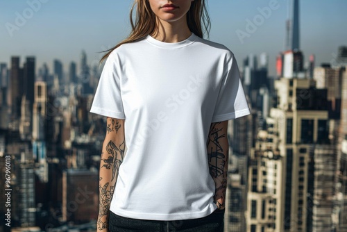 T-shirt worn by a model in an urban street wear style created with Generative AI