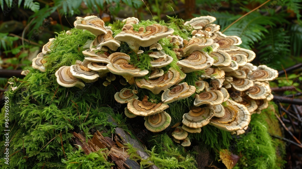 Close Up of a Cluster of Wild Mushrooms on a Mossy Log Close Up of a Cluster of Wild Mushrooms on a Mossy Log