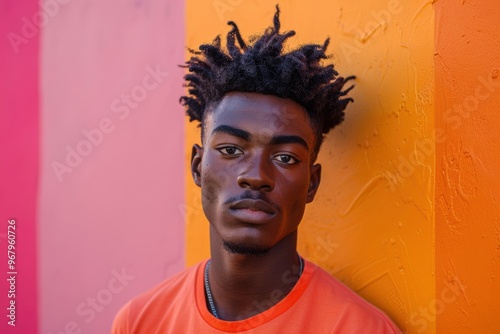 A vibrant young man stands against a wall of intertwining colors during sunset