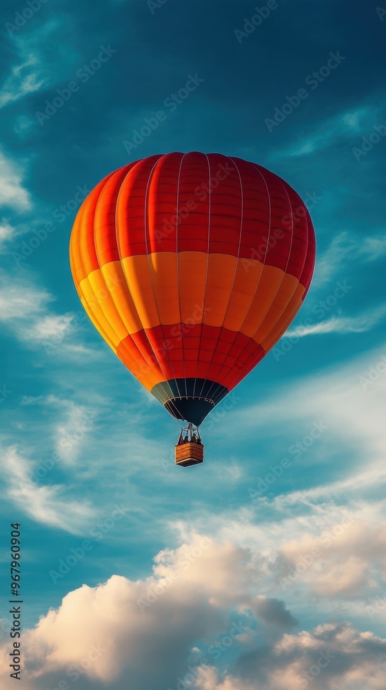 Fototapeta premium A vibrant hot air balloon soaring high against a clear blue sky, capturing the essence of adventure and freedom in the clouds.