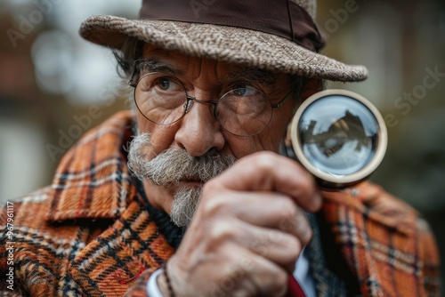 Detectives in vintage clothing solve a murder mystery in a busy city square photo