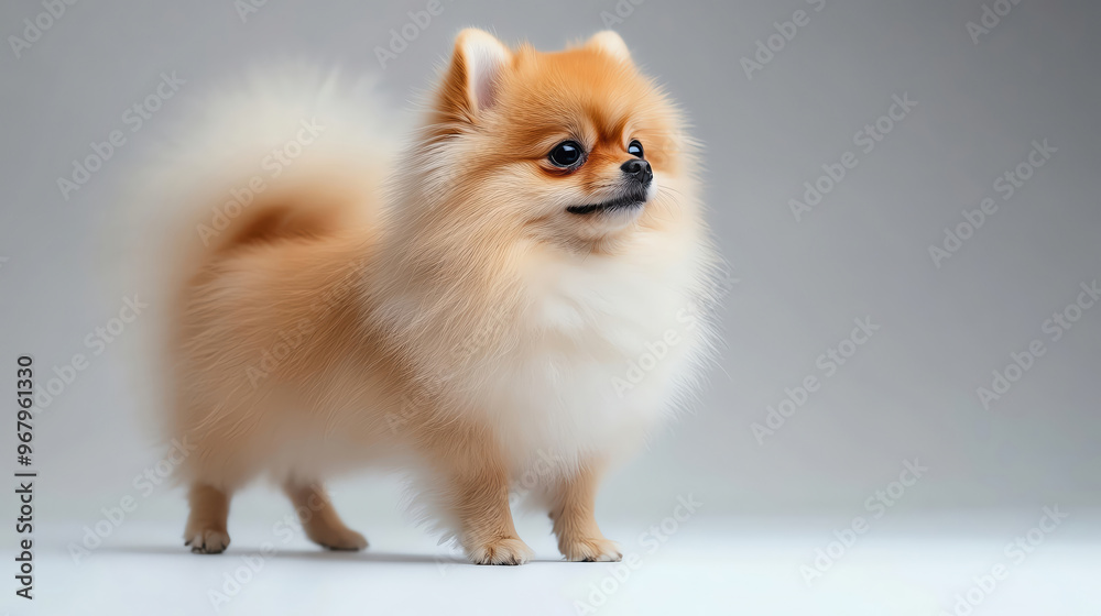 Adorable small Pomeranian dog standing gracefully, showcasing its fluffy coat and playful personality in a soft background. Adorable small Pomeranian dog standing gracefully, showcasing its fluffy coat and playful personality in a soft background.