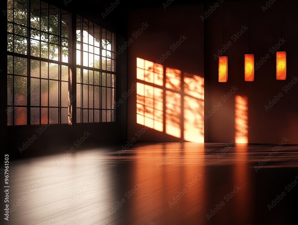A tranquil room with sunlight streaming through large windows, creating a warm atmosphere and soft shadows on the floor. A tranquil room with sunlight streaming through large windows, creating a warm atmosphere and soft shadows on the floor.