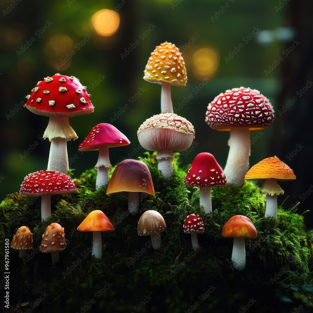 Obraz premium A stunning collection of colorful mushrooms growing among lush green moss in a serene forest setting.