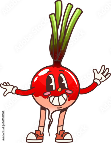 Cartoon groovy radish vegetable character with a joyful expression and big, expressive eyes, standing with arms raised, wearing red sneakers, and has green leafy tops, exudes a fun and energetic vibes