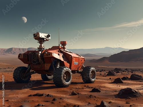 Mars Rover Exploring Red Desert Landscape Under Crescent Moon photo