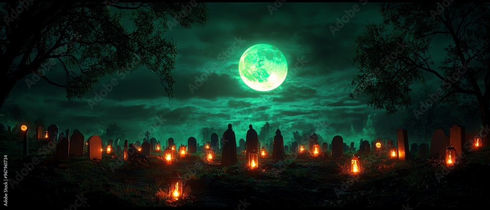 Fototapeta premium A haunting graveyard scene illuminated by glowing fires under a mystical full moon, creating an eerie yet captivating atmosphere.
