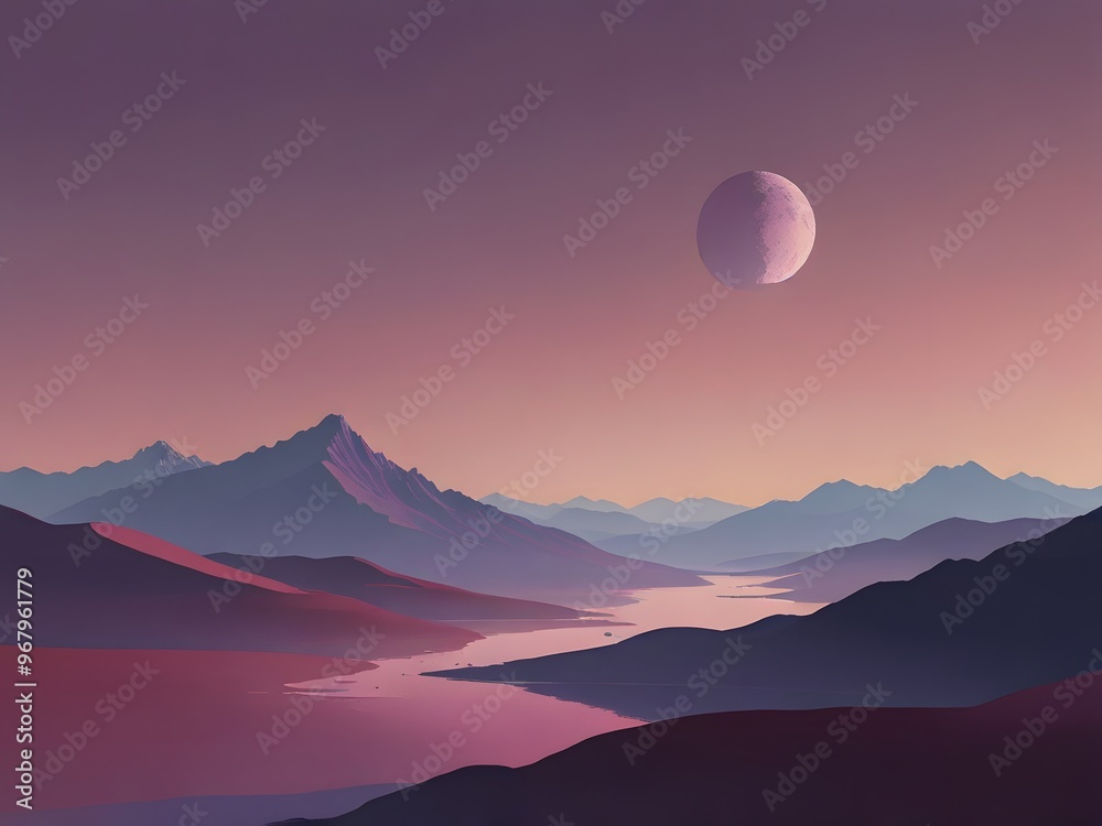 Pink and Purple Mountainscape with Crescent Moon Pink and Purple Mountainscape with Crescent Moon