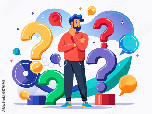Confused Man Surrounded by Colorful Question Marks on a White Background Vector Art