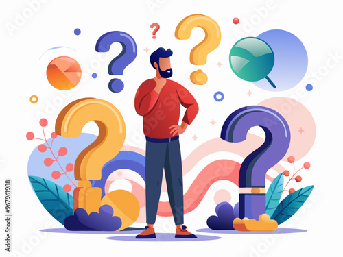 Confused Man Surrounded by Colorful Question Marks on a White Background Vector Art