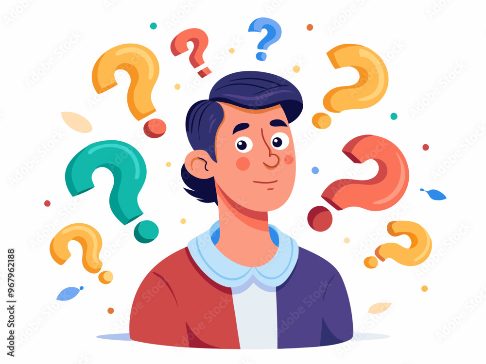 Confused Man Surrounded by Colorful Question Marks on a White Background Vector Art Confused Man Surrounded by Colorful Question Marks on a White Background Vector Art