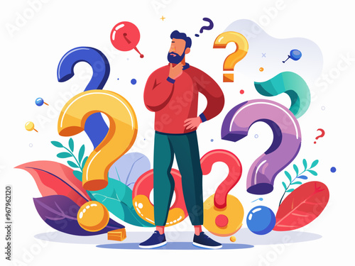 Confused Man Surrounded by Colorful Question Marks on a White Background Vector Art