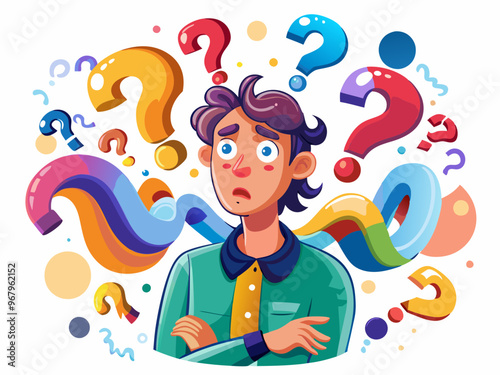 Confused Man Surrounded by Colorful Question Marks on a White Background Vector Art