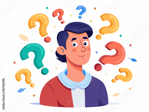 Confused Man Surrounded by Colorful Question Marks on a White Background Vector Art