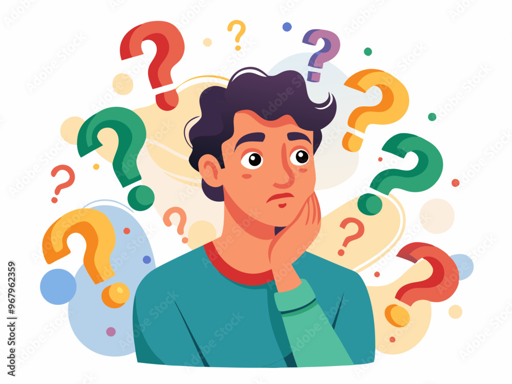 Confused Man Surrounded by Colorful Question Marks on a White Background Vector Art Confused Man Surrounded by Colorful Question Marks on a White Background Vector Art