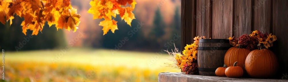A serene autumn scene featuring vibrant leaves, pumpkins, and rustic decor, perfect for seasonal inspiration and cozy vibes.