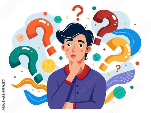 Confused Man Surrounded by Colorful Question Marks on a White Background Vector Art