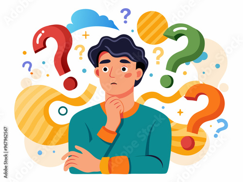 Confused Man Surrounded by Colorful Question Marks on a White Background Vector Art
