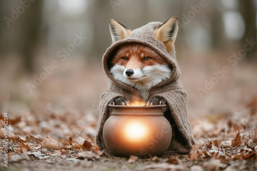 Fox in a witch s cape stirring a glowing cauldron in the forest, Fox in witch costume, nature magic, enchanted forest photo