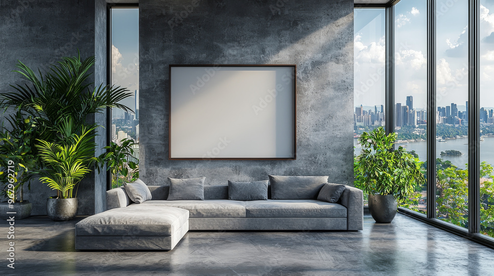Fototapeta premium Modern living room with a large, blank canvas above a grey sofa.