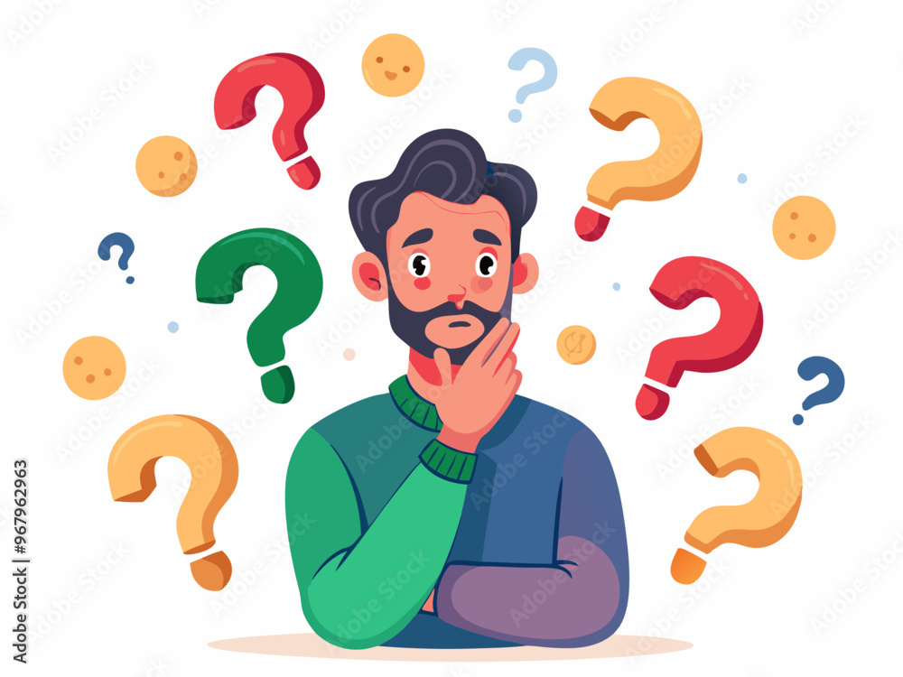 Confused Man Surrounded by Colorful Question Marks on a White Background Vector Art Confused Man Surrounded by Colorful Question Marks on a White Background Vector Art
