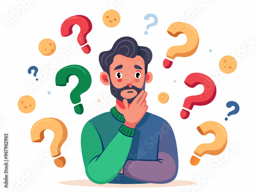 Confused Man Surrounded by Colorful Question Marks on a White Background Vector Art