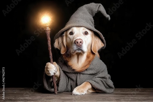 Golden retriever with a wizard s robe and a glowing staff, Dog in wizard costume, fantasy, enchanted companion photo