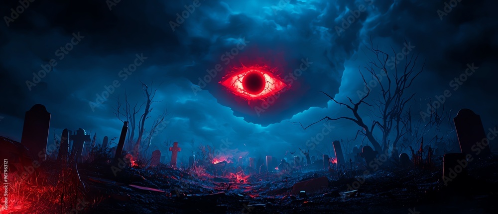 Obraz premium A dramatic landscape featuring a glowing red eye amidst dark clouds and desolate terrain, evoking mystery and intrigue.