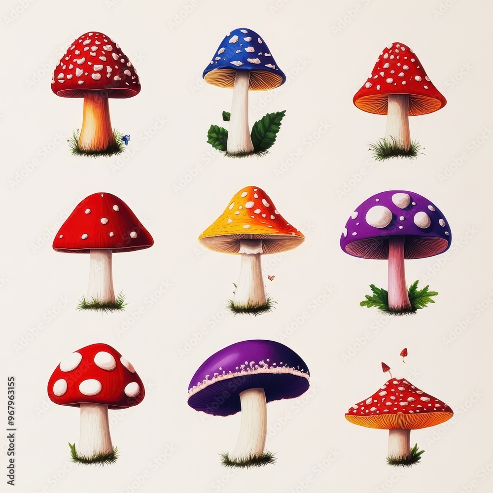 A colorful collection of mushrooms showcasing various shapes and patterns, perfect for nature and botanical themes. A colorful collection of mushrooms showcasing various shapes and patterns, perfect for nature and botanical themes.